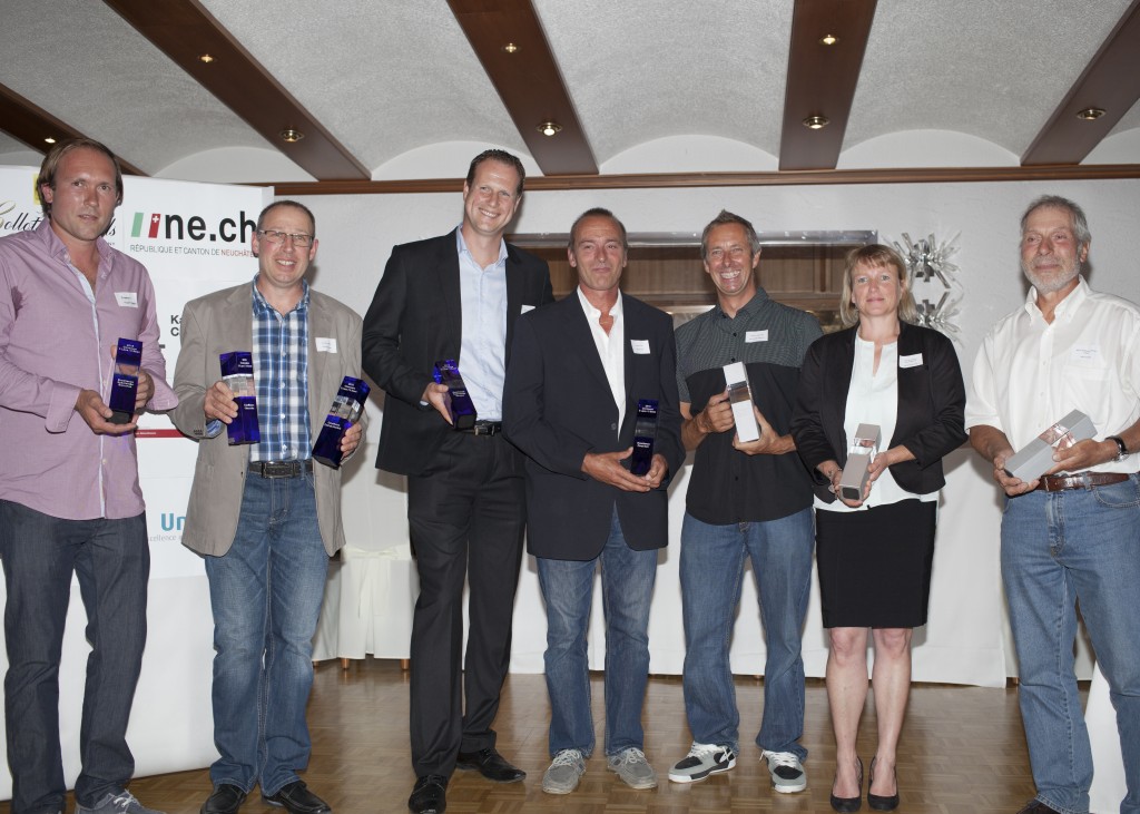 Gagnants Prix Excellences / Ambassadeurs : Erich Andrey (AndreyWein), Christian Fellmann (Cave des Lauriers), Nicolas Ruedin (Domaine Valentin), Jacques Felix (Cave du Cep) / Jean-Claude Angelrath (Domaine Angelrath), Marie-Claude Loup (Château Montmagny), Peter Schott (M.-T. und P. Schott)